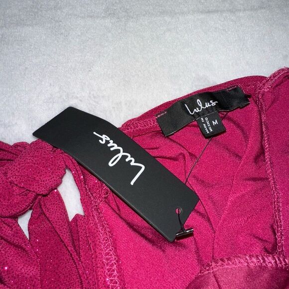 Lulus Medium Dark Pink Glitter Ruched Crop Top Long Sleeve Back Tie NWT - Picture 5 of 8